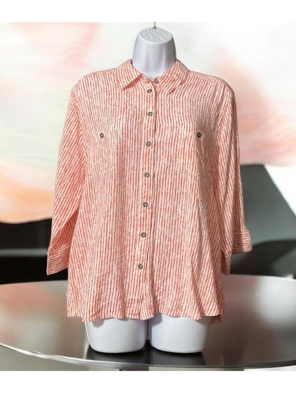 Women N Touch Petite Pink Striped 3/4 Sleeve Button Up Rayon Blouse Sz PXL